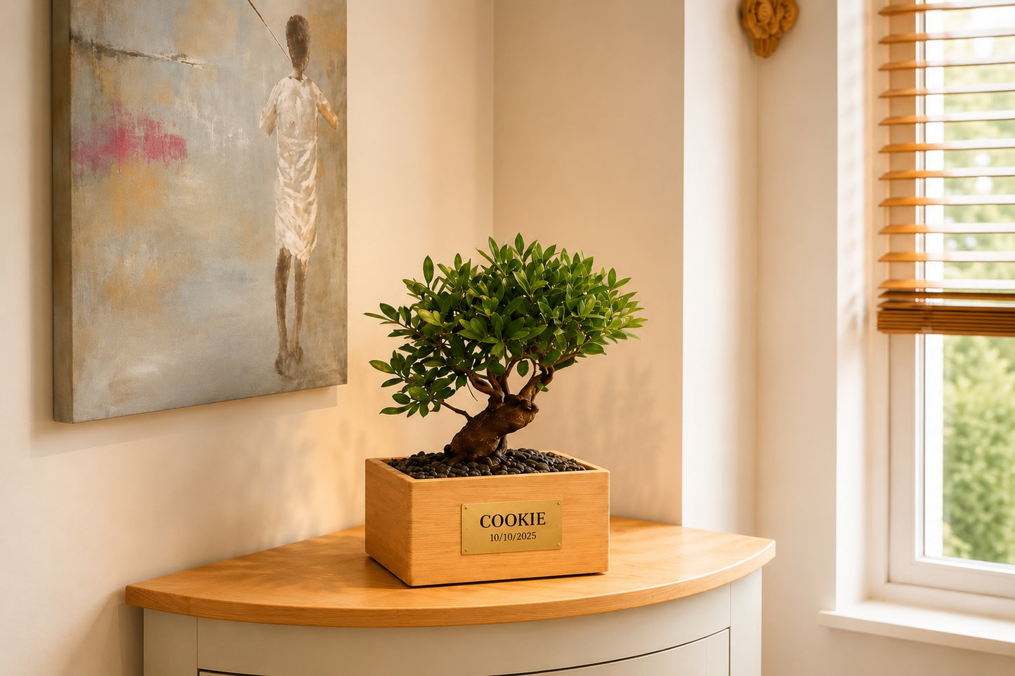 Plaque gravée personnalisée sur urne funéraire Bonsaï Orme