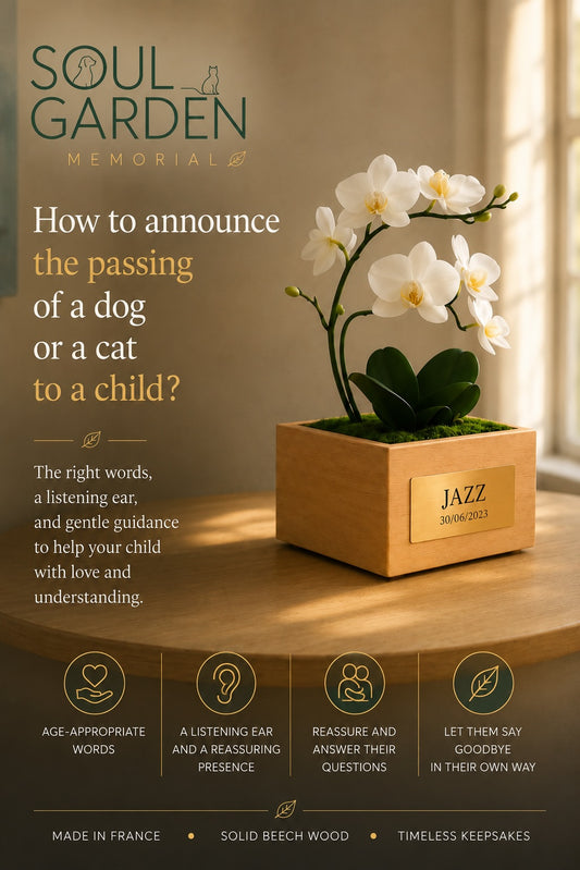 SOUL GARDEN pet urn with white orchid illustrating how to tell a child about the death of a dog or cat