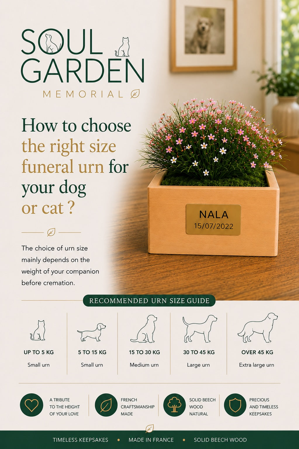 SOUL GARDEN pet funeral urn size guide for dogs and cats based on the animal's weight