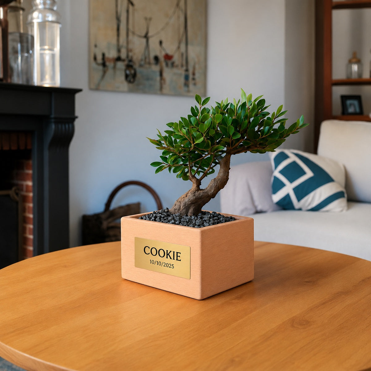 Urne funéraire Bonsaï Orme en hêtre massif avec plaque personnalisée dans un intérieur – SOUL GARDEN