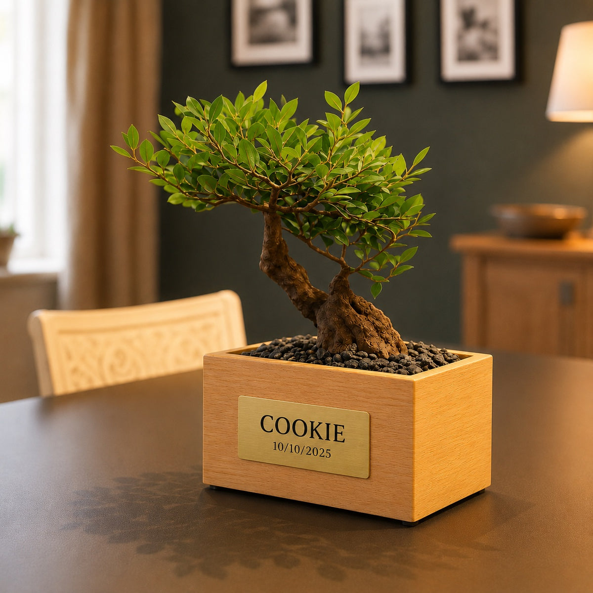 Urne funéraire Bonsaï Orme en hêtre massif avec plaque personnalisée dans un salon – SOUL GARDEN