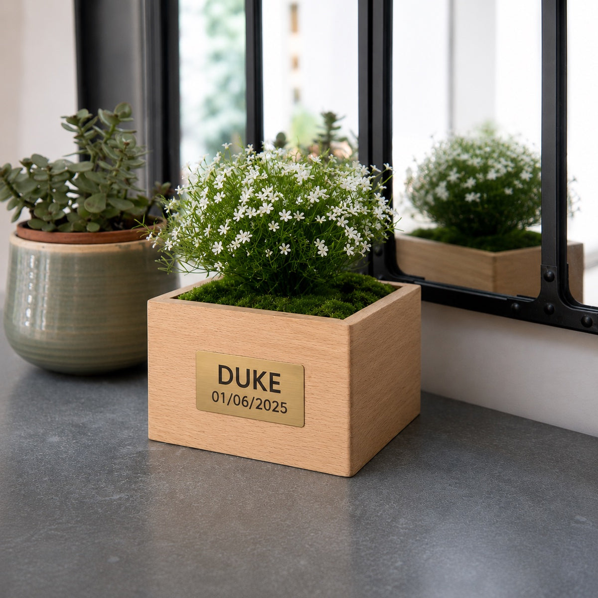Urne funéraire Marguerite Blanche avec plaque personnalisée près d’un miroir – SOUL GARDEN