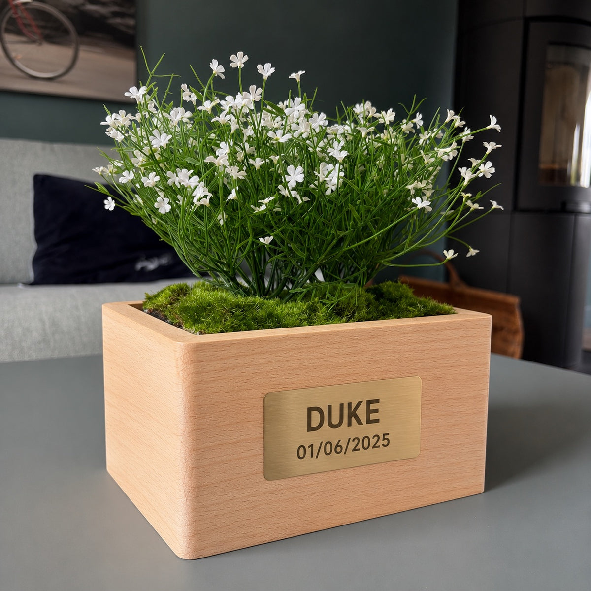 Urne funéraire Marguerite Blanche avec plaque personnalisée dans un salon – SOUL GARDEN