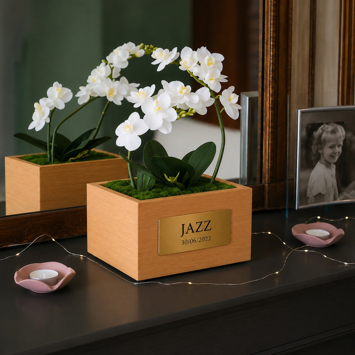 Urne funéraire Orchidée en hêtre massif avec plaque personnalisée dans un intérieur – SOUL GARDEN